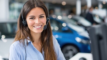 A customer service representative is engaging with clients at a car dealership. She wears a headset promotes a friendly atmosphere and provides helpful information to customers.