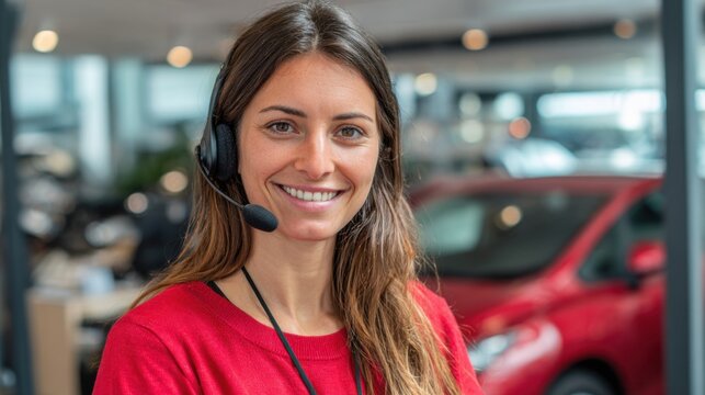 A happy customer service representative wearing a red shirt and headset engages with clients in a car dealership showroom filled with vehicles creating a welcoming atmosphere.