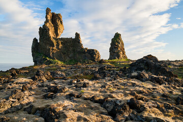 Lava formation Londrangar on Snaefellsnes peninsula in Iceland at sunset
