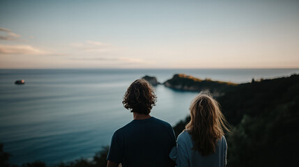 Sight seeing on the coast, coastal shot, man and woman looking over the horizon, Epic beach scene, low light, blue, backpacker