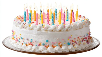 A beautiful birthday cake with colorful candles is surrounded by vibrant sprinkles. This delightful dessert is ready for a festive celebration inviting friends and family to join the fun.