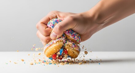 Hand crushing colorful mini donuts with sprinkles and crumbs