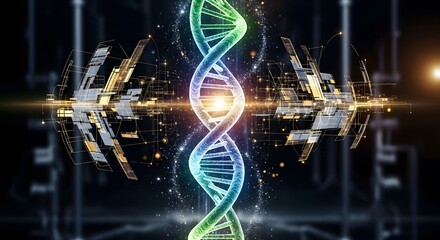Vibrant DNA helix illuminated by bright light, symbolizing scientific discovery and technological innovation against a futuristic data network background