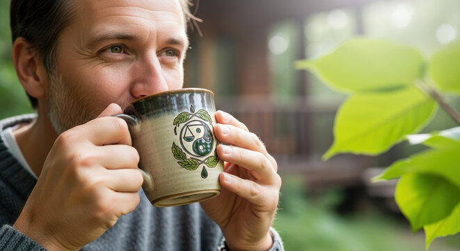 Man enjoying coffee in nature with ceramic mug, relaxing outdoors surrounded by green foliage. Coffee ritual includes cozy moments, appreciating nature's beauty while sipping warm drink.