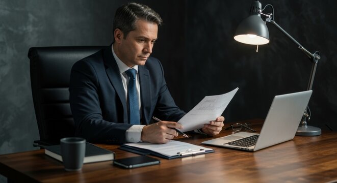 Diligent businessman in navy suit reviewing financial documents under the warm glow of a desk lamp in a modern, executive office