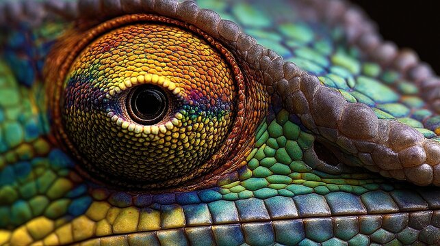   A close-up of a colorful chameleon's eye with a black background is optimized to read, A close-up of a chameleon's color