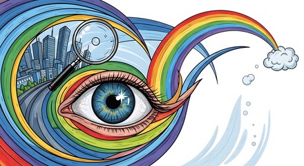 Fototapeta premium Vibrant eye gazes through magnifying glass at modern cityscape, framed by swirling rainbow colors, symbolizing vision and discovery.