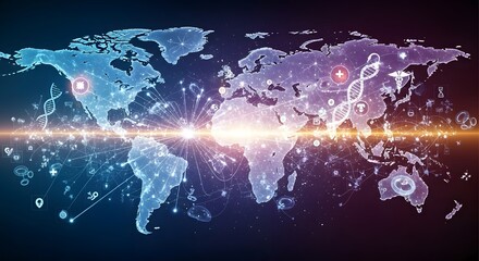 Global health innovations connect continents, illustrating worldwide medical advancements and scientific discovery impacting humanity and research.