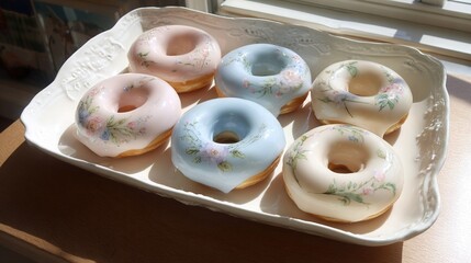   A tray of colorful doughnuts with sweet frosting and sparkly sprinkles sits on a table by the window