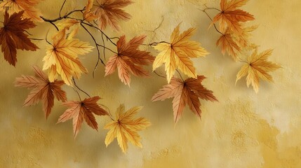   A painting of vibrant yellow and brown leaves on a tree branch, framed by two yellow walls