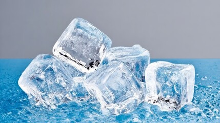 Obraz premium Clear ice cubes stacked on a reflective surface, glistening with water droplets, creating a refreshing and cool atmosphere, ideal for beverage presentations and summer-themed visuals