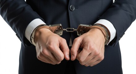 Close-up of businessman's handcuffed hands symbolizing corporate crime and legal consequences against a white background