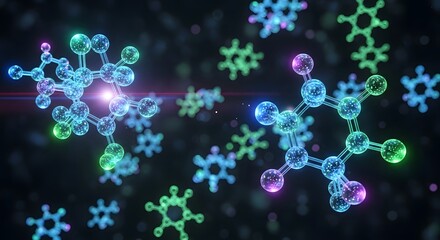 Vibrant glowing molecular structures float in dark space, representing scientific discovery and innovation with captivating visual appeal.