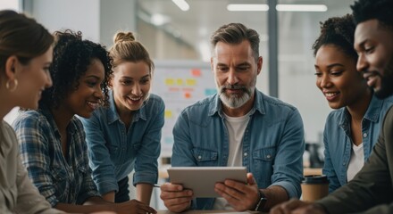 diverse team of professionals collaborating together in office with digital tablet focus