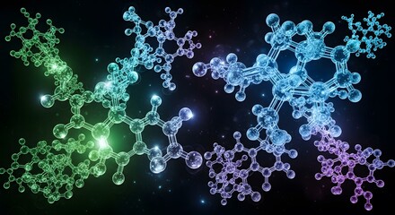 Vibrant, glowing molecular structures symbolize scientific discovery, innovation, and the intricate beauty of chemistry in a dynamic, cosmic backdrop.