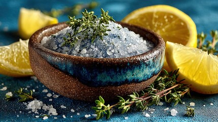   A bowl filled with sea salt, next to lemon wedges and a sprig of fresh thyme