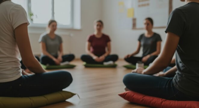 diverse group of young adults meditating together in a peaceful yoga class setting