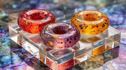   Two glass vases sit atop a glass stand atop a marble countertop, adjacent to one another