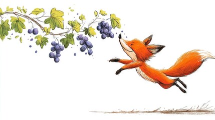   A drawing of a fox leaping in mid-air while holding a cluster of grapes