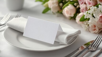 Elegant wedding place setting with blank name card and soft pink roses, ready for personalized guest names and event details.