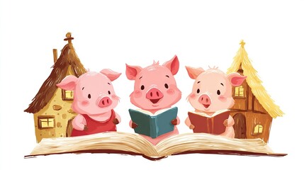   Three pigs read a book together in front of a house, with one pig reading a book on its own in front of them