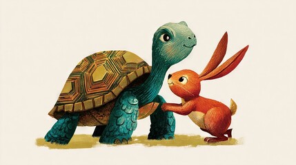   Painting of Tortoise and Rabbit in Front of White Background