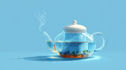   A glass teapot filled with water and a tea pot with a white lid containing a small fish
