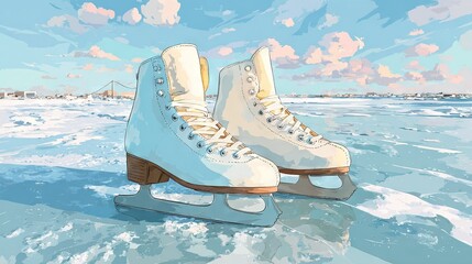  Ice skates on water, blue sky in background