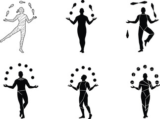 Juggling silhouette, abstract human figure, vector illustration, fish and balls, dynamic pose, creative concept, minimal design, motion art, isolated on white