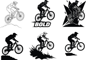 Mountain biking vector illustration, extreme sports silhouette, cyclist performing tricks, bold jump artwork, freestyle bike action, adrenaline, outdoor adventure, black and white