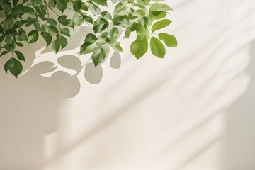 Green leaves casting soft shadows on a white wall in diffused sunlight. Minimal natural background with copy space. Ideal for branding, wellness, eco products, social media, advertising design, banner
