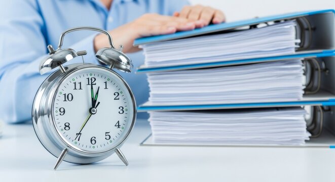 Time management with alarm clock and stacked binders - Powered by Adobe