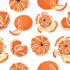 pattern with various icons of peeled and unpeeled clementine with peels and segments on a white background arranged randomly, for design, branding or packaging