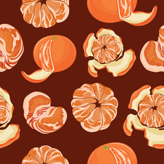 pattern with various icons of peeled and unpeeled mandarin with peels and segments on a red background arranged randomly, for design, branding or packaging
