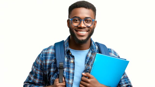 A happy young male student with a blue folder and backpack, part of a diverse community, isolated on a transparent background, diversity, inclusivity, interracial couples, plus-siz