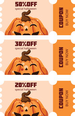 set of Halloween coupons with various discount percentages with pumpkins with funny faces, seasonal ticket template for promotions, special offers and gift vouchers