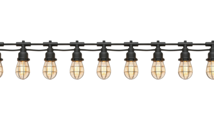 Industrial-grade lights with metal-caged, amber-glowing bulbs on black rubber conduit, meticulously laid out on a transparent background with copy space, showcasing durable illumination concept