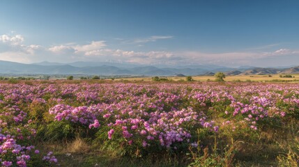 Obraz premium Colorful fields filled with vibrant pink flowers stretch towards the horizon. Distant mountains provide a stunning backdrop under a clear blue sky during daytime.