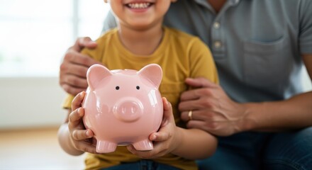 child holding pink piggy bank with parent guidance and support in a bright living room