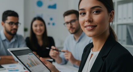 young businesswoman presenting digital analytics to diverse team in modern office setting