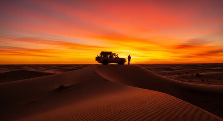 Fototapeta premium Desert adventure at sunset: off-road vehicle and traveler on dune