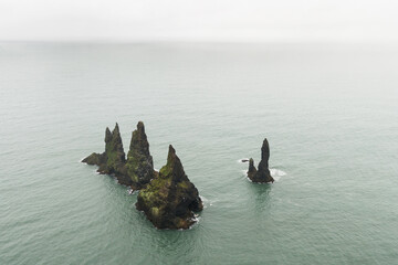 Reynisdrangar in Iceland seen from the mountain Reynisfjall