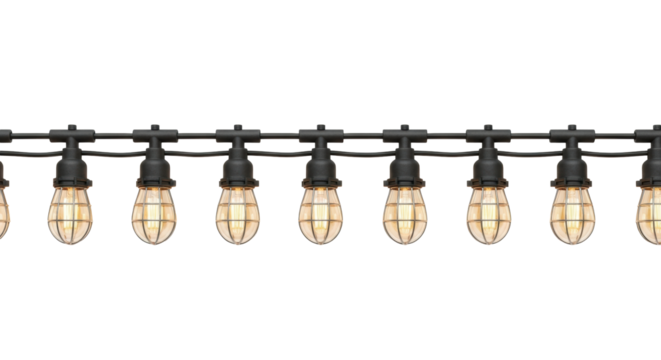 Industrial-grade lights with metal-caged, amber-glowing bulbs on black rubber conduit, meticulously laid out on a transparent background with copy space, showcasing durable illumination concept
