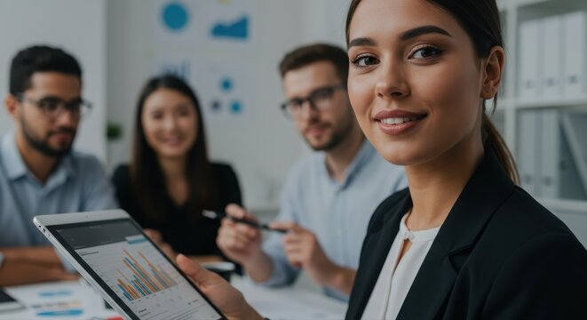 young businesswoman presenting digital analytics to diverse team in modern office setting