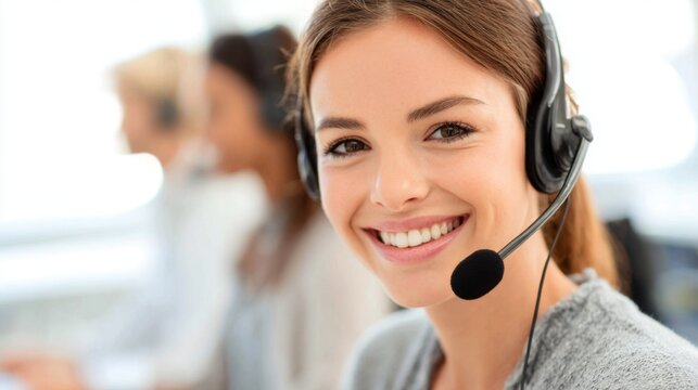 A cheerful woman is wearing a headset and smiling while engaged in customer support. She is working at a call center with colleagues in the background. Bright daylight streams through the windows.