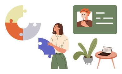 Woman holding puzzle piece for assembly. Features profile on screen, laptop on table, and potted plant. Ideal for teamwork, problem solving, digital identity, remote work, creativity education