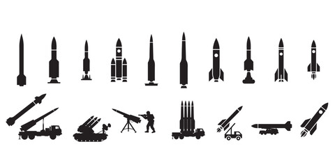 Military missiles set, black silhouette, minimalist stencil design, vector illustration on a transparent background.