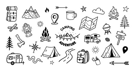 Camping Adventure Sketch Icon Set with Outdoor Elements. Hand-drawn camping and outdoor adventure icons, including tents, campfires, backpacks, and nature symbols. Black and white vector set