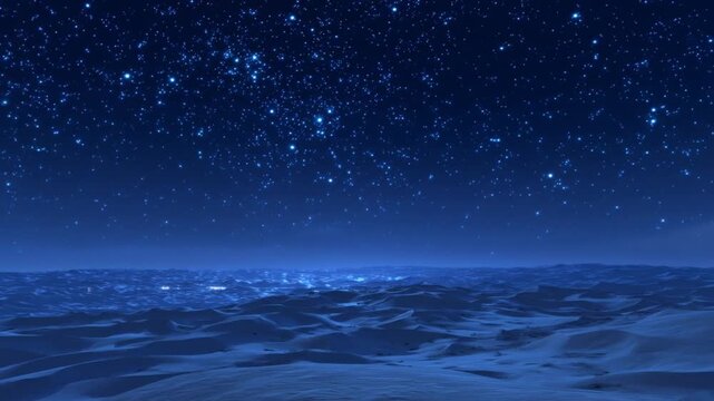 Vast starry night sky over a tranquil desert landscape with distant city lights glowing on the horizon, a serene and expansive nocturnal scene.