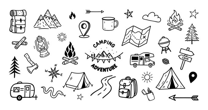 Camping Adventure Sketch Icon Set with Outdoor Elements. Hand-drawn camping and outdoor adventure icons, including tents, campfires, backpacks, and nature symbols. Black and white vector set
